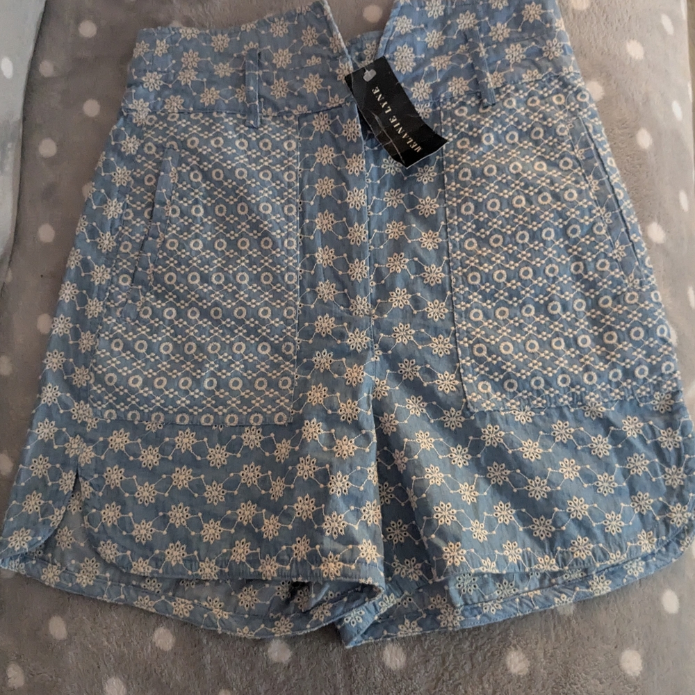 High Waist Embroidered Floral Blue Shorts